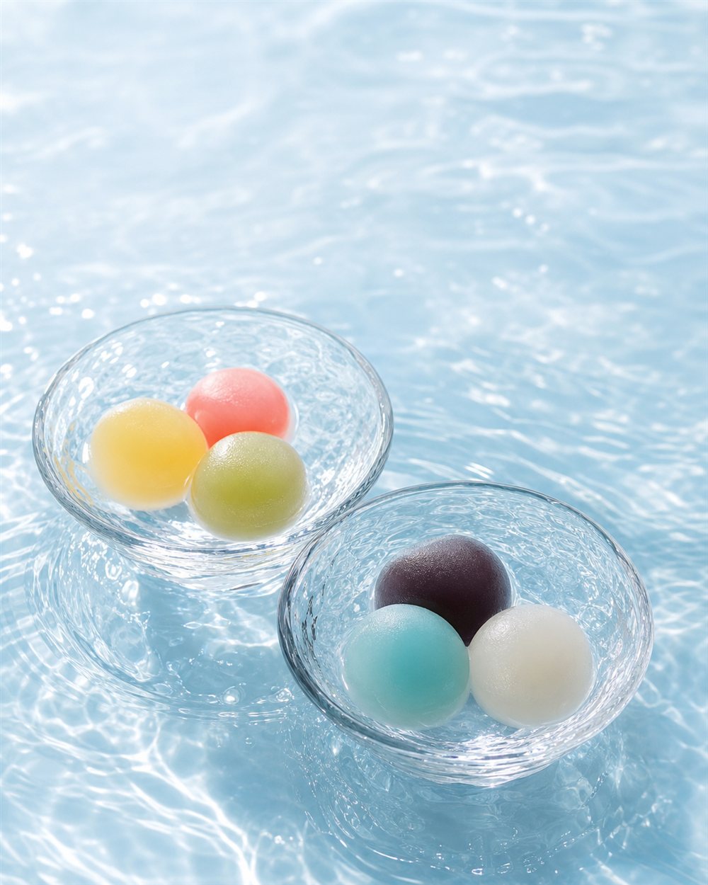 水面に置かれた透明な器に、色とりどりのひやしあんが入っている様子