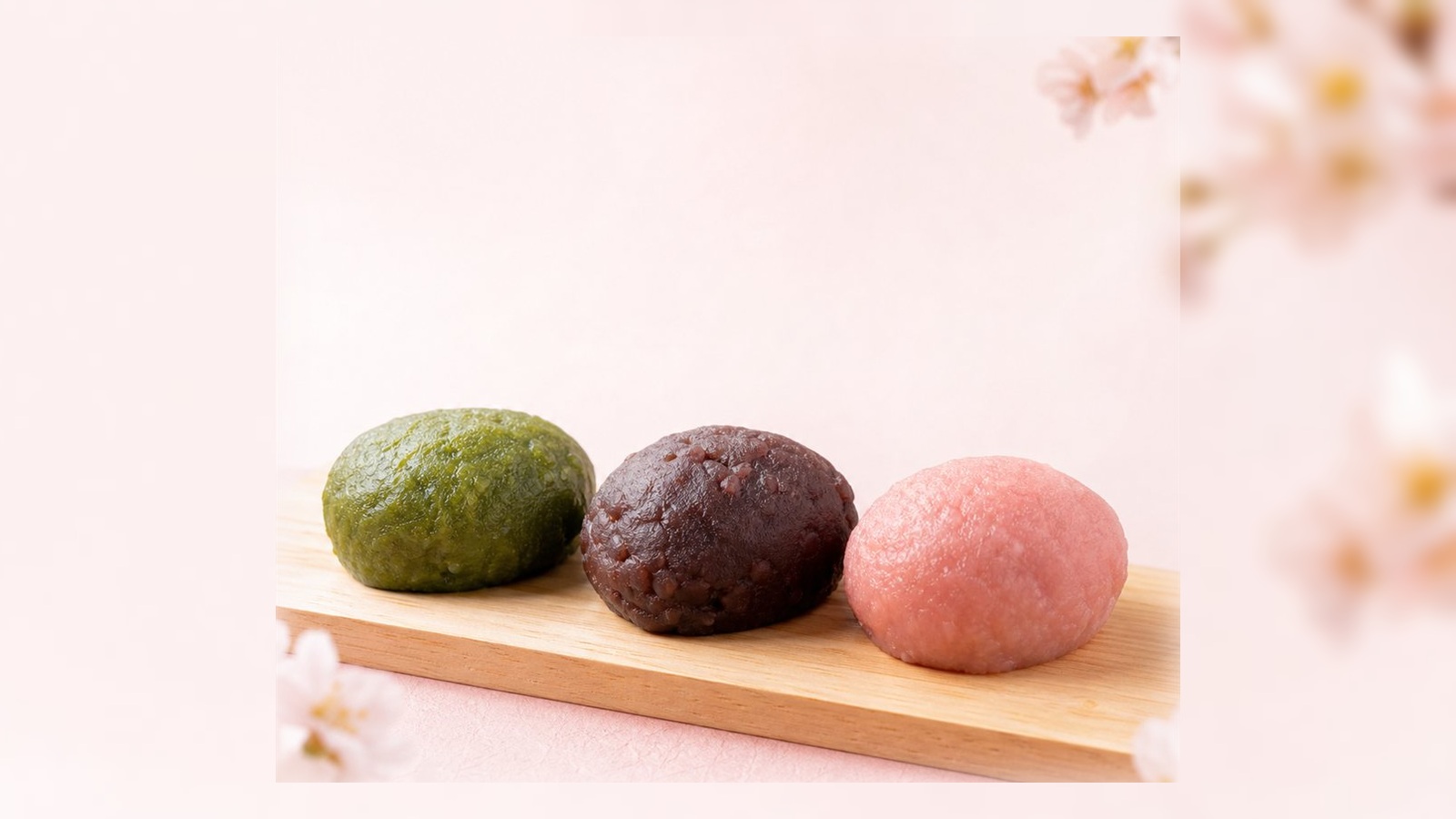 木の板に緑、紫、桃色の小さなおはぎが並ぶ様子