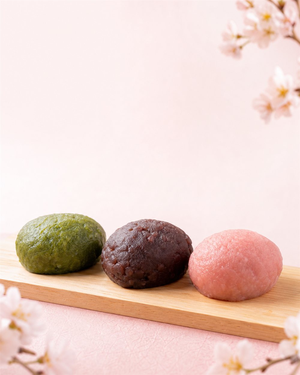 木の板に緑、紫、桃色の小さなおはぎが並ぶ様子